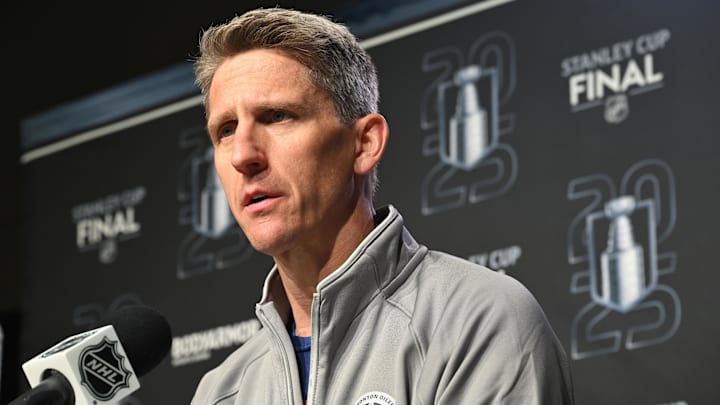 Jun 3, 2025; Edmonton, Alberta, CAN; Edmonton Oilers head coach Kris Knoblauch is seen during media day in advance of the 2025 Stanley Cup Final at Rogers Place. Mandatory Credit: Walter Tychnowicz-Imagn Images