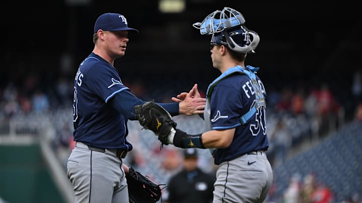 Aug 31, 2025; Washington, District of Columbia, USA; Tampa Bay Rays relief pitcher Pete Fairbanks (29) celebrates with catcher Hunter Feduccia (30) after defeating the Washington Nationals at Nationals Park. Mandatory Credit: Rafael Suanes-Imagn Images