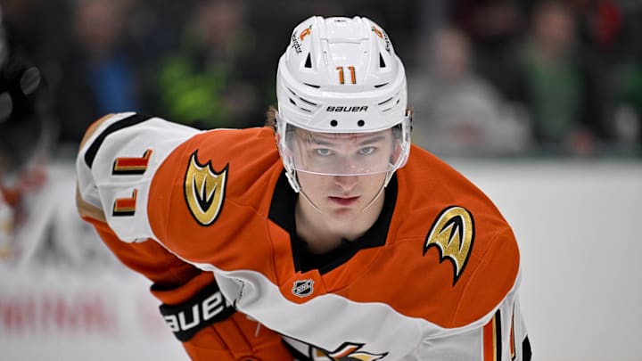 Mar 18, 2025; Dallas, Texas, USA; Anaheim Ducks center Trevor Zegras (11) during the first period against the Dallas Stars at the American Airlines Center. Mandatory Credit: Jerome Miron-Imagn Images