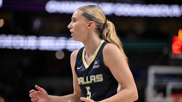 Aug 1, 2025; Dallas, Texas, USA; Dallas Wings guard Paige Bueckers (5) in action during the game between the Dallas Wings and the Indiana Fever at the American Airlines Center. Mandatory Credit: Jerome Miron-Imagn Images