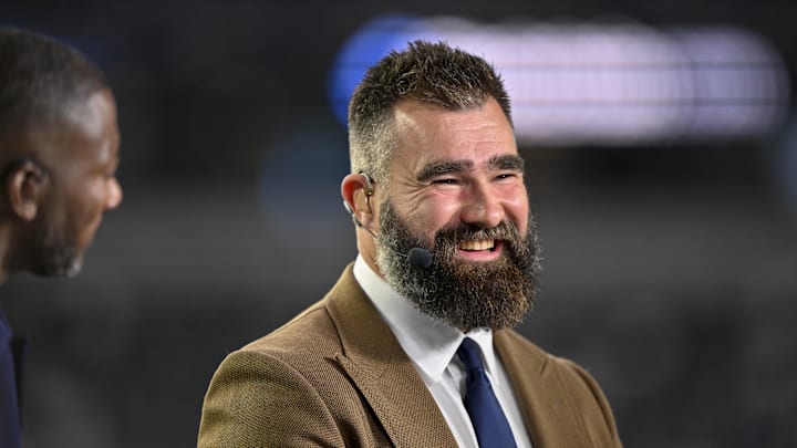 Nov 3, 2025; Arlington, Texas, USA; Monday Night Football commentator Jason Kelce before the game between the Dallas Cowboys and the Arizona Cardinals at AT&T Stadium. Mandatory Credit: Jerome Miron-Imagn Images