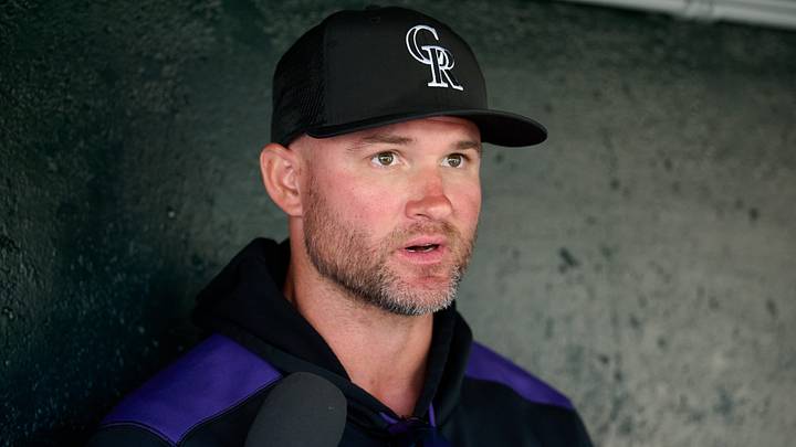 Rockies manager Warren Schaeffer (4) speaks to the media in the dugout Rockies manager Warren Schaeffer (4) speaks to the media in the dugout