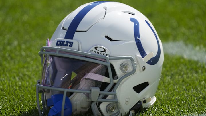 Sep 15, 2024; Green Bay, Wisconsin, USA;  General view of an Indianapolis Colts helmet during warmups prior to the game against the Green Bay Packers at Lambeau Field. Mandatory Credit: Jeff Hanisch-Imagn Images