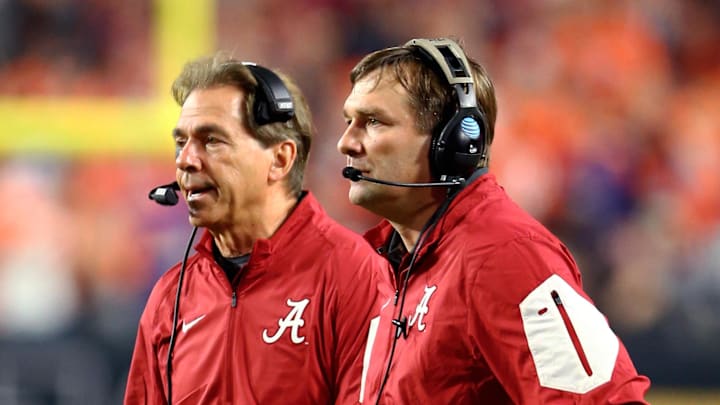 Jan 11, 2016; Glendale, AZ, USA; Alabama Crimson Tide defensive coordinator Kirby Smart (near) and head coach Nick Saban against the Clemson Tigers in the 2016 CFP National Championship at University of Phoenix Stadium. 