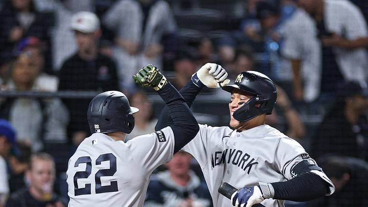 May 15, 2026; New York City, New York, USA; New York Yankees first baseman Ben Rice (22) celebrates with right fielder Aaron Judge (99) May 15, 2026; New York City, New York, USA; New York Yankees first baseman Ben Rice (22) celebrates with right fielder Aaron Judge (99)