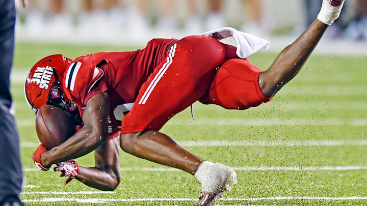 Former Jacksonville State's Zechariah Poyser catches an interception during college football action at Burgess-Snow Field AmFirst Stadium in Jacksonville, Alabama August 29, 2024.
