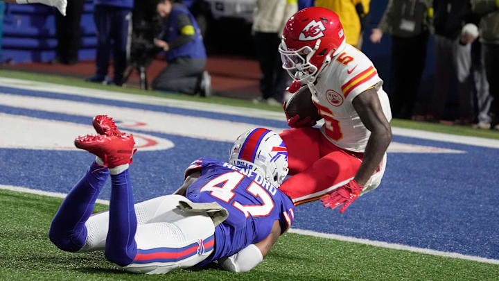 Buffalo Bills cornerback Christian Benford tackles Kansas City Chiefs wide receiver Hollywood Brown stopping him short of the end zone during first half action against the Kansas City Chiefs at Highmark Stadium in Orchard Park on Nov. 2, 2025.