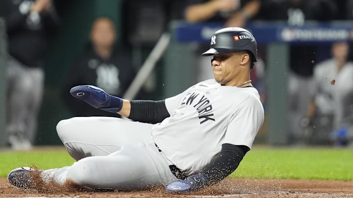 Oct 9, 2024; Kansas City, Missouri, USA; New York Yankees outfielder Juan Soto (22) scores a run in the fourth inning against the Kansas City Royals during game three of the NLDS for the 2024 MLB Playoffs at Kauffman Stadium. Mandatory Credit: Jay Biggerstaff -Imagn Images Oct 9, 2024; Kansas City, Missouri, USA; New York Yankees outfielder Juan Soto (22) scores a run in the fourth inning against the Kansas City Royals during game three of the NLDS for the 2024 MLB Playoffs at Kauffman Stadium. Mandatory Credit: Jay Biggerstaff -Imagn Images