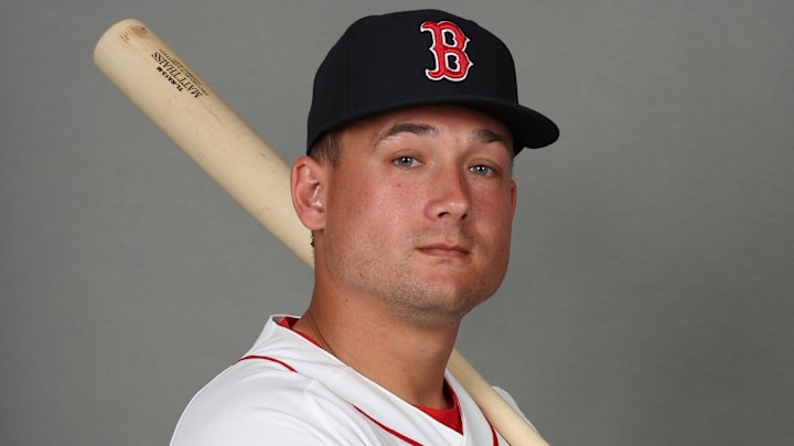 Feb 17, 2026; Lee County, FL, USA;  Boston Red Sox catcher Matt Thaiss (25) poses for a photo during media day at JetBlue Park. Mandatory Credit: Kim Klement Neitzel-Imagn Images