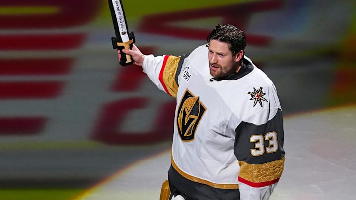 Mar 14, 2026; Las Vegas, Nevada, USA; Vegas Golden Knights goaltender Adin Hill (33) was named First Star of the Night after the Golden Knights defeated the Chicago Blackhawks 4-0 at T-Mobile Arena. Mandatory Credit: Stephen R. Sylvanie-Imagn Images
