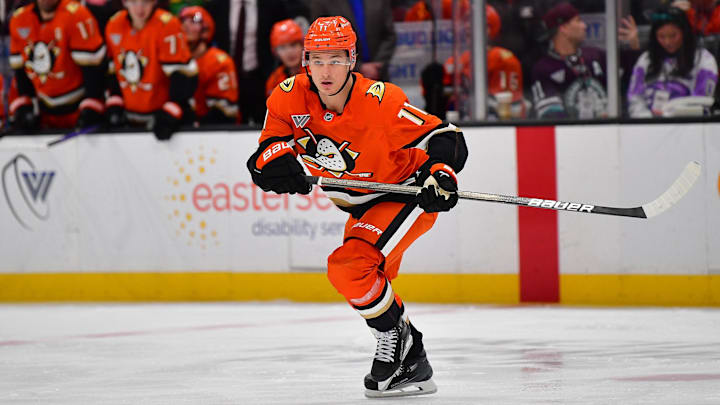 Jan 23, 2025; Anaheim, California, USA; Anaheim Ducks center Trevor Zegras (11) in action against the Pittsburgh Penguins during the third period at Honda Center. Mandatory Credit: Gary A. Vasquez-Imagn Images