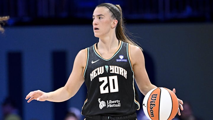 Aug 8, 2025; Arlington, Texas, USA; New York Liberty guard Sabrina Ionescu (20) in action during the game between the Dallas Wings and the New York Liberty at College Park Center. Mandatory Credit: Jerome Miron-Imagn Images Aug 8, 2025; Arlington, Texas, USA; New York Liberty guard Sabrina Ionescu (20) in action during the game between the Dallas Wings and the New York Liberty at College Park Center. Mandatory Credit: Jerome Miron-Imagn Images