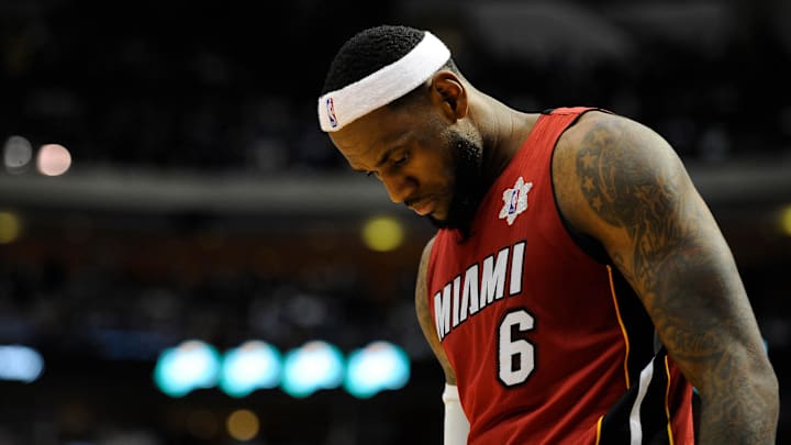 Dec 25, 2011; Dallas, TX, USA; Miami Heat small forward LeBron James (6) looks down while facing the Dallas Mavericks during the fourth quarter at the American Airlines Center. The Heat defeated the Mavericks 105-94. Mandatory Credit: Jerome Miron-Imagn Images