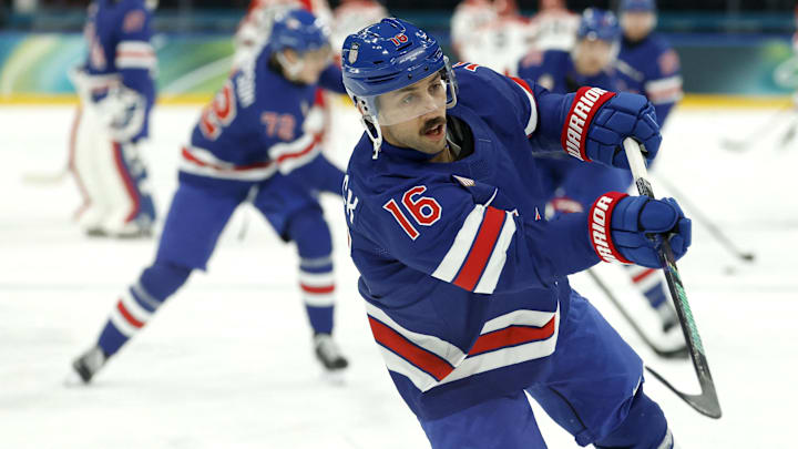 Feb 14, 2026; Milan, Italy;  Vincent Trocheck of United States during the warm up before the match against Denmark in men's ice hockey group C play during the Milano Cortina 2026 Olympic Winter Games at Milano Santagiulia Ice Hockey Arena. Mandatory Credit: Geoff Burke-Imagn Images