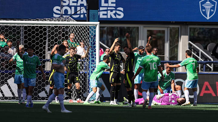Sounders goalkeeper Stefan Frei is injured during the second half against Columbus Crew at Lumen Field. Mandatory Credit: Kevin Ng-Imagn Images