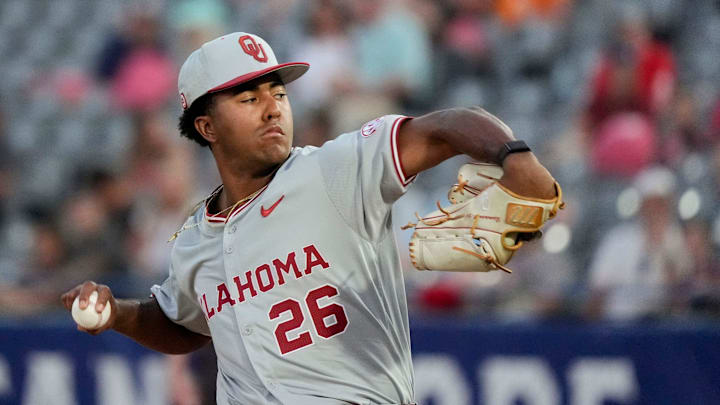 May 21, 2025; Hoover, AL, USA; Oklahoma pitcher Kyson Witherspoon (26) pitches against Georgia in the second round of the SEC Baseball Tournament at the Hoover Met.