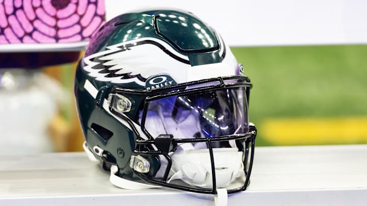 Feb 9, 2025; New Orleans, LA, USA; Detailed view of a Philadelphia Eagles helmet during Super Bowl LIX at Ceasars Superdome. Mandatory Credit: Mark J. Rebilas-Imagn Images