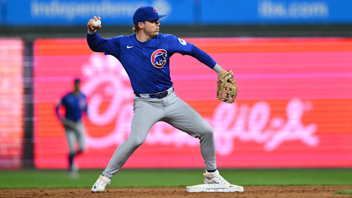 Sep 24, 2024; Philadelphia, Pennsylvania, USA; Chicago Cubs infielder Nico Hoerner (2) turns a double play against the Philadelphia Phillies in the sixth inning at Citizens Bank Park. Sep 24, 2024; Philadelphia, Pennsylvania, USA; Chicago Cubs infielder Nico Hoerner (2) turns a double play against the Philadelphia Phillies in the sixth inning at Citizens Bank Park.