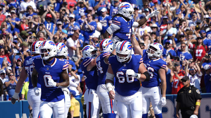 Buffalo Bills RB James Cook celebrates a touchdown during the first quarter against New Orleans at Highmark Stadium.