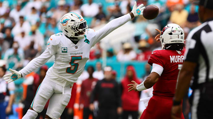 Miami Dolphins cornerback Jalen Ramsey block a pass from Arizona Cardinals quarterback Kyler Murray 