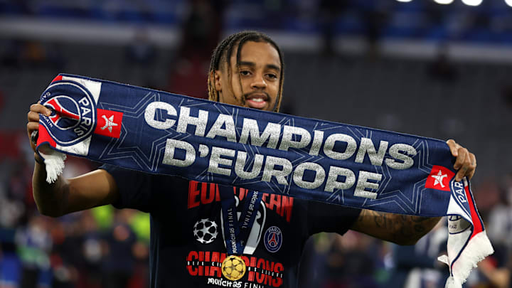 Bradley Barcola of Paris Saint-Germain Fc  celebrates...