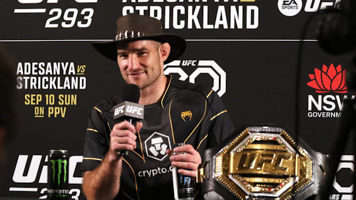 Sep 9, 2023; Sydney, NSW, AUSTRALIA; Sean Strickland speaks at a press conference after defeating