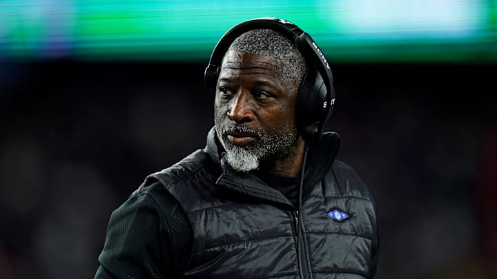 Nov 13, 2025; Foxborough, Massachusetts, USA; New York Jets head coach Aaron Glenn looks on during the second half against the New England Patriots at Gillette Stadium. Mandatory Credit: David Butler II-Imagn Images