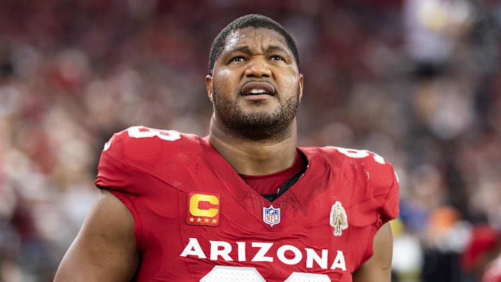 Nov 23, 2025; Glendale, Arizona, USA; Arizona Cardinals defensive lineman Calais Campbell (93) against the Jacksonville Jaguars at State Farm Stadium. Mandatory Credit: Mark J. Rebilas-Imagn Images