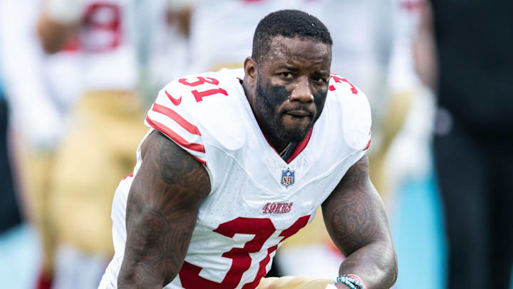 Nov 12, 2023; Jacksonville, Florida, USA; San Fransisco 49ers safety Tashaun Gipson Sr (31) takes a knee before the game against the Jacksonville Jaguars at EverBank Stadium. Mandatory Credit: Jeremy Reper-Imagn Images