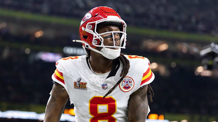 Feb 9, 2025; New Orleans, LA, USA;  Kansas City Chiefs wide receiver DeAndre Hopkins (8) against the Philadelphia Eagles in Super Bowl LIX at Ceasars Superdome. Mandatory Credit: Mark J. Rebilas-Imagn Images