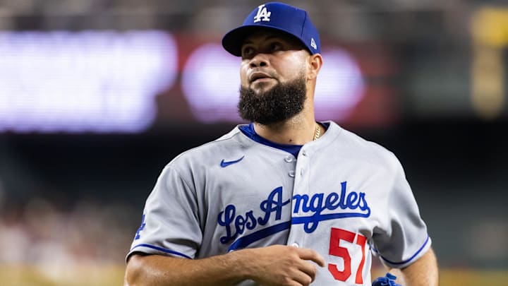 May 9, 2025; Phoenix, Arizona, USA; Los Angeles Dodgers pitcher Luis Garcia against the Arizona Diamondbacks at Chase Field