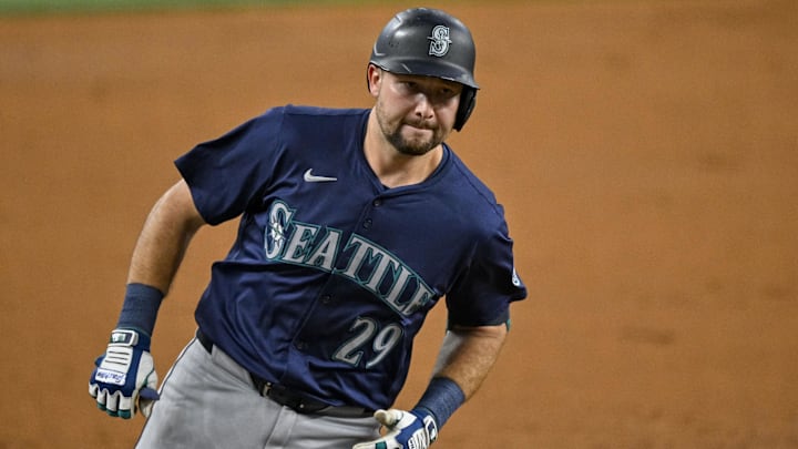 Seattle Mariners designated hitter Cal Raleigh rounds the bases after a home run against the Texas Rangers on Sept. 22 at Globe Life Field.