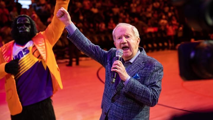 Apr 9, 2023; Phoenix, Arizona, USA; Phoenix Suns announcer Al McCoy is honored at halftime of the game against the Los Angeles Clippers at Footprint Center. Mandatory Credit: Mark J. Rebilas-Imagn Images