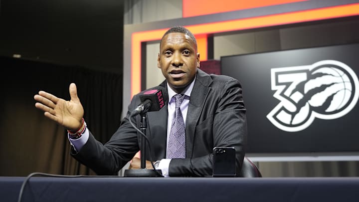 Sep 30, 2024; Toronto, Ontario, Canada; Toronto Raptors Vice-Chairman and Team President Masai Ujiri addresses the media at Scotiabank Area. Mandatory Credit: John E. Sokolowski-Imagn Images Sep 30, 2024; Toronto, Ontario, Canada; Toronto Raptors Vice-Chairman and Team President Masai Ujiri addresses the media at Scotiabank Area. Mandatory Credit: John E. Sokolowski-Imagn Images