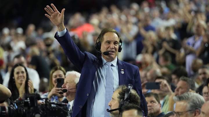 Apr 1, 2023; Houston, TX, USA; CBS broadcaster Jim Nantz acknowledges the crowd in the semifinals of the Final Four of the 2023 NCAA Tournament between the Florida Atlantic Owls and San Diego State Aztecs at NRG Stadium. 