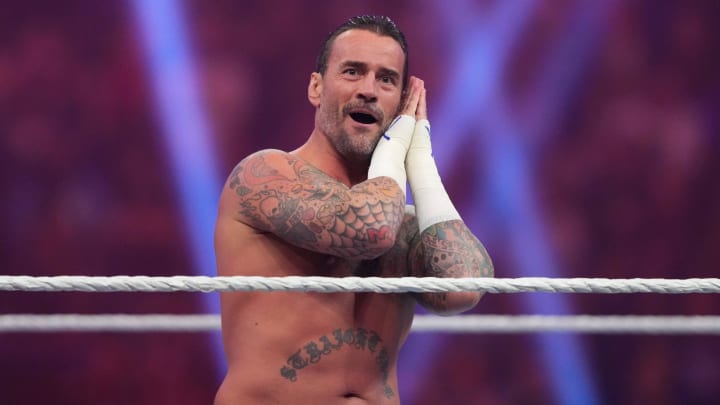 Jan 27, 2024; St. Petersburg, FL, USA; CM Punk reacts during the Men's Royal Rumble match at Tropicana Field. 