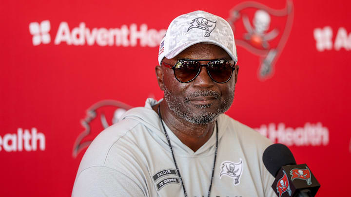 Jul 31, 2025; Tampa, FL, USA; Tampa Bay Buccaneers head coach Todd Bowles talks to media after training camp at AdventHealth Training Center. Mandatory Credit: Nathan Ray Seebeck-Imagn Images