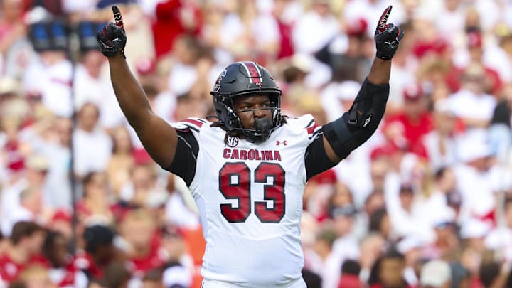 Oct 19, 2024; Norman, Oklahoma, USA;  South Carolina Gamecocks defensive tackle Nick Barrett (93) reacts after a touchdown during the first half against the Oklahoma Sooners at Gaylord Family-Oklahoma Memorial Stadium. Mandatory Credit: Kevin Jairaj-Imagn Images