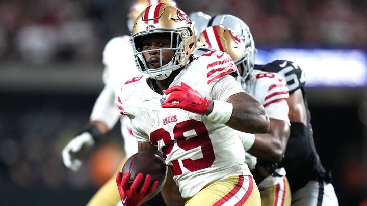 Aug 27, 2026; Paradise, Nevada, USA; San Francisco 49ers running back Jordan James (29) runs the ball against the Las Vegas Raiders during the third quarter at Allegiant Stadium. Mandatory Credit: Kirby Lee-Imagn Images Aug 27, 2026; Paradise, Nevada, USA; San Francisco 49ers running back Jordan James (29) runs the ball against the Las Vegas Raiders during the third quarter at Allegiant Stadium. Mandatory Credit: Kirby Lee-Imagn Images