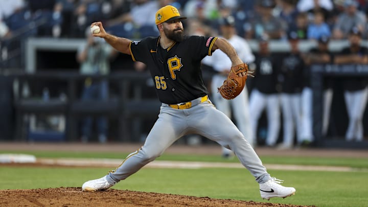 Mar 9, 2026; Tampa, Florida, USA; Pittsburgh Pirates starting pitcher Jose Urquidy (65) throws a pitch against the New York Yankees in the third inning during spring training at George M. Steinbrenner Field. Mandatory Credit: Nathan Ray Seebeck-Imagn Images