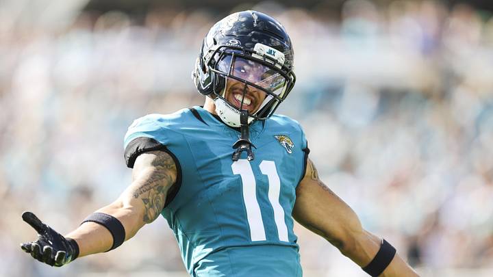Nov 16, 2025; Jacksonville, Florida, USA; Jacksonville Jaguars wide receiver Parker Washington (11) reacts after drawing a pass interference penalty against the Los Angeles Chargers during the first quarter at EverBank Stadium. Mandatory Credit: Morgan Tencza-Imagn Images