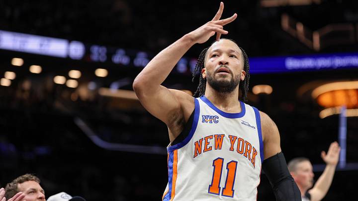 Mar 20, 2026; Brooklyn, New York, USA; New York Knicks guard Jalen Brunson (11) reacts after making a three point basket during the first half against the Brooklyn Nets at Barclays Center. Mandatory Credit: Vincent Carchietta-Imagn Images