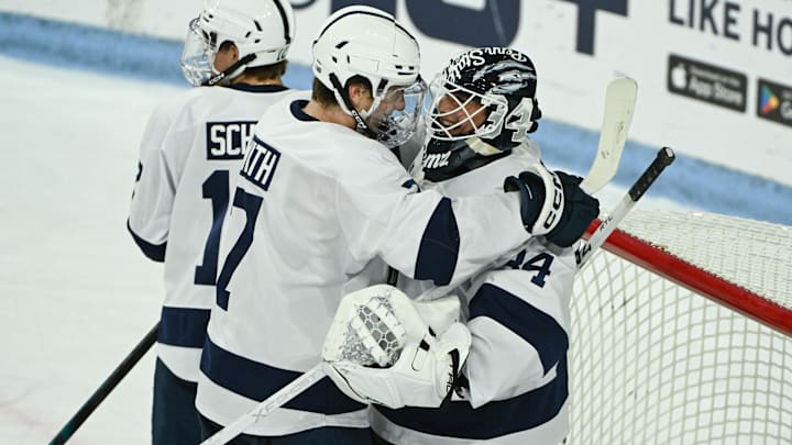 Penn State Nittany Lions defenseman Jackson Smith celebrates with goaltender Joshua Fleming Penn State Nittany Lions defenseman Jackson Smith celebrates with goaltender Joshua Fleming