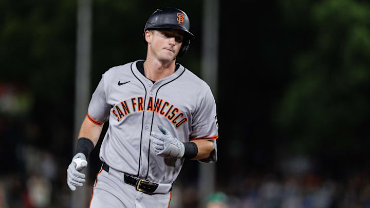 Jul 6, 2025; West Sacramento, California, USA; San Francisco Giants second baseman Tyler Fitzgerald (49) rounds the bases after hitting a one-run home run during the eighth inning against the Athletics at Sutter Health Park. Mandatory Credit: Sergio Estrada-Imagn Images