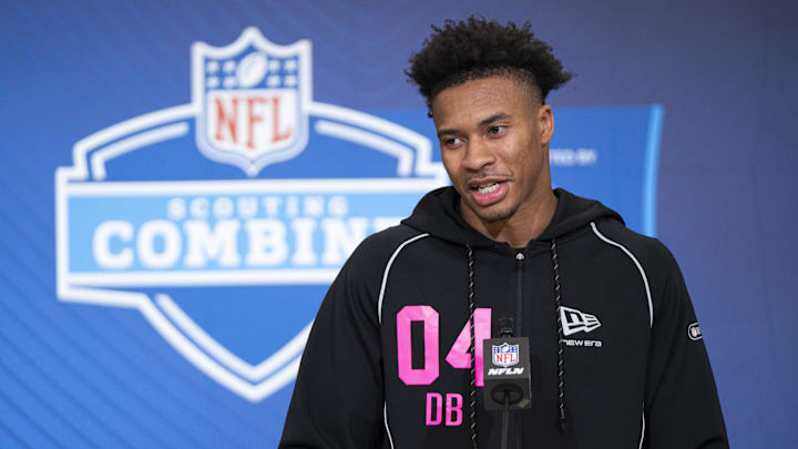 South Carolina defensive back Brandon Cisse (DB04) speaks to members of the media during the NFL Combine at the Indiana Convention Center.