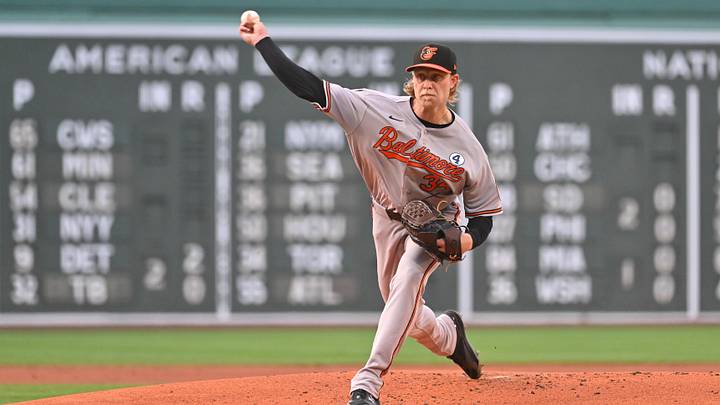 Jun 2, 2026; Boston, Massachusetts, USA; Baltimore Orioles starting pitcher Shane Baz (34) pitches against the Boston Red Sox during the first inning at Fenway Park. Mandatory Credit: Eric Canha-Imagn Images