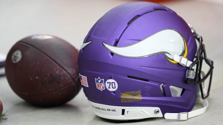 Nov 23, 2025; Green Bay, Wisconsin, USA;  General view of an Minnesota Vikings helmet during the warmups prior to the game against the Green Bay Packers at Lambeau Field.