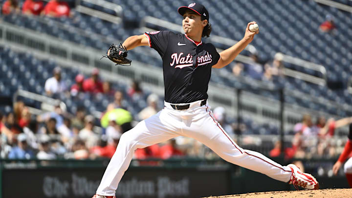 Sep 1, 2025; Washington, District of Columbia, USA; Washington Nationals starting pitcher Andrew Alvarez (54) throws to the Miami Marlins during the third inning at Nationals Park. 
