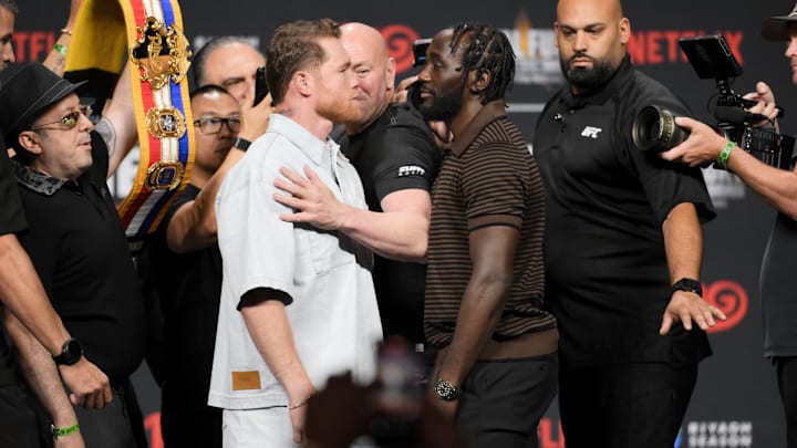 Canelo Alvarez (left) and Terence Crawford (right) during the final leg of their Press Tour Canelo Alvarez (left) and Terence Crawford (right) during the final leg of their Press Tour