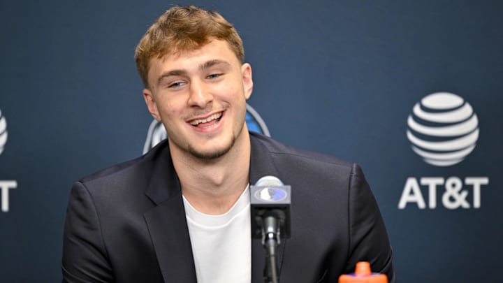 Dallas Mavericks first overall pick Cooper Flagg speaks to the media during a press conference at the Dallas Mavericks Practice Facility. Dallas Mavericks first overall pick Cooper Flagg speaks to the media during a press conference at the Dallas Mavericks Practice Facility.